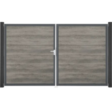 Dvojkrídlová brána s dreveným vzhľadom a oceľovým rámom