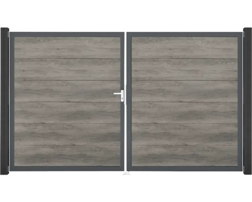 Dvojkrídlová brána s dreveným vzhľadom a oceľovým rámom