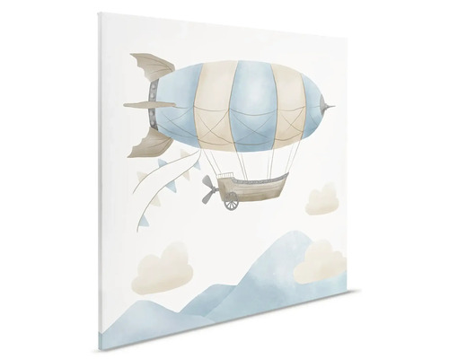Ilustrácia vzducholode nad horami na plátne