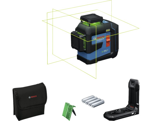 Čiarový laser Bosch Professional s príslušenstvom, ako je taška, batérie a držiak