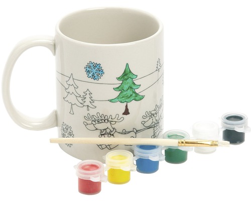 Vianočná maliarska sada "Hrnček" (hrnček, farby, štetec) Keramický hrnček s vianočným motívom na vymaľovanie, vrátane farieb a štetca
