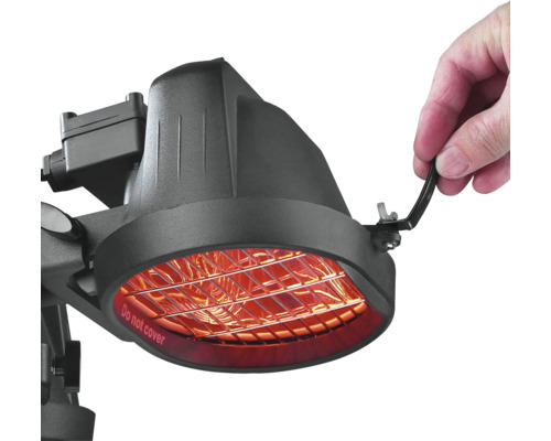 Infračervený ohrievač s varovným upozornením a nastaviteľnou rukoväťou.