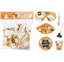 Halloweenska párty súprava s taniermi, pohármi, maskami, párty klobúkmi a trúbkami