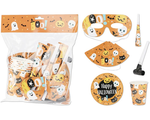 Párty set Halloween 36 ks Halloweenska párty súprava s taniermi, pohármi, maskami, párty klobúkmi a trúbkami
