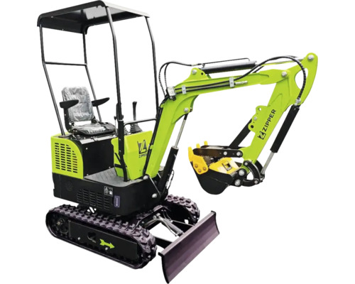 Minibager s kabínou vodiča, pásovým podvozkom a lopatou