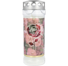 Cintorínska sviečka s motívom ruží a kovovým vekom