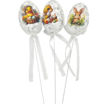 Tri ozdobné veľkonočné vajíčka s motívmi kuriatok a zajačikov na tyčkách