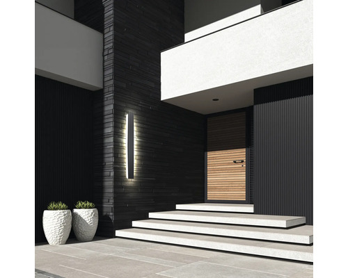 Moderná fasáda domu s vchodovými dverami, vonkajším osvetlením a kvetináčmi