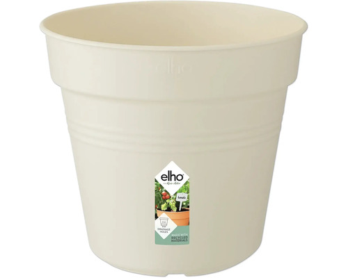 Plastový kvetináč s logom Elho a poznámkou ''Vyrobené z recyklovaných materiálov''.