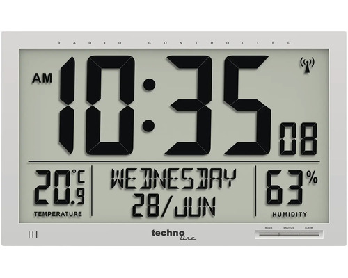 Digitálne hodiny Technoline riadené rádiom strieborné 23 x 37 cm Rádiom riadená meteorologická stanica s ukazovateľom času, dátumu, teploty a vlhkosti