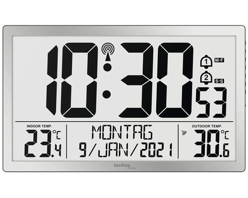 Digitálne hodiny Technoline riadené rádiom strieborné 23 x 37,5 cm Rádiové nástenné hodiny s ukazovateľom vnútornej a vonkajšej teploty, dátumu a času