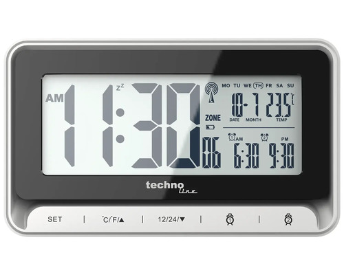 Budík Technoline riadený rádiom čierny 8,4 x 14,2 cm Digitálny budík Techno Line s ukazovateľom času, dátumu a teploty