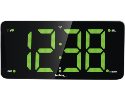 Budík Technoline riadený rádiom čierny 10,3 x 22 cm Digitálny rádiom riadený budík s časom 12:38 a logom Techno Line