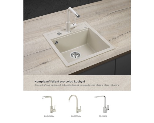 Granitový kuchynský drez s batériou na pracovnej doske