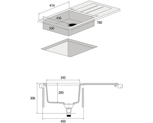 Technický nákres kuchynského drezu s odkvapkávacou plochou a rozmermi