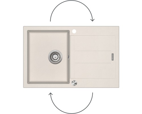Béžový kuchynský drez s odkvapkávacou plochou a otočnými šípkami