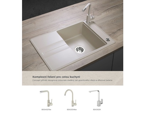 Granitový drez s odkvapkávacou plochou a batériou na pracovnej doske