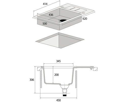 Technický nákres kuchynského drezu s rozmermi