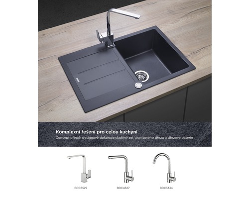 Žulový drez s odkvapkávacou plochou a batériou na kuchynskej linke