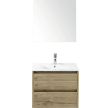 Umývadlová zostava so zrkadlom, umývadlom a spodnou skrinkou vo vzhľade dreva