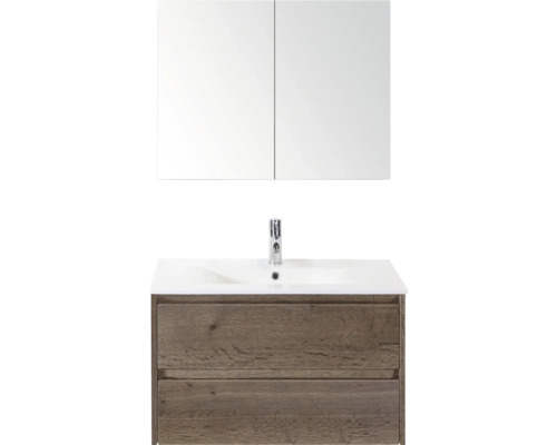 Umývadlová skrinka so zrkadlom, vzhľad dreva a dve zásuvky