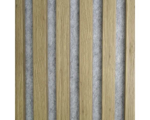 Akustický panel MDF dub prírodný, sivý filc 20 x 400 x 2600 mm