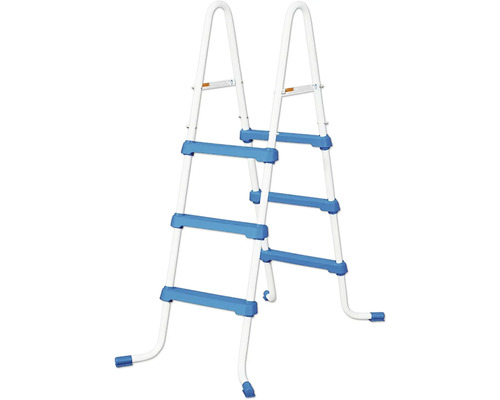 Bazénový rebrík s modrým rámom a priečkami.