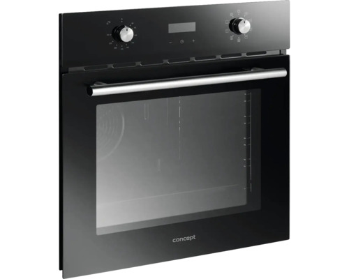 Čierna vstavaná rúra so sklenenými dvierkami a otočnými gombíkmi