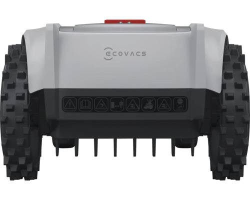 Pohľad zozadu na robotickú kosačku Ecovacs GOAT s hrubými pneumatikami