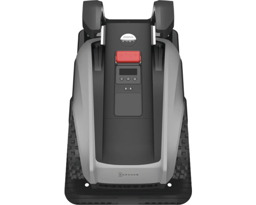 Pohľad zhora na sivú robotickú kosačku s tlačidlom stop