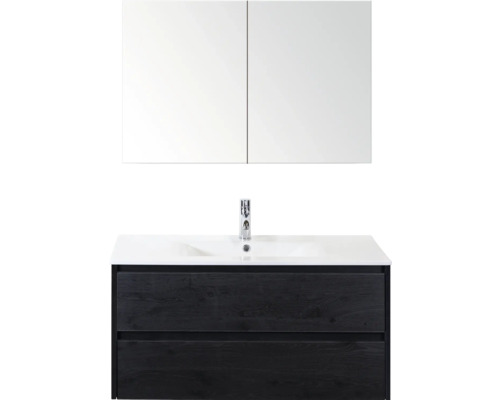 Kombinácia umývadla so zrkadlovou skrinkou, umývadlom, batériou a zásuvkami