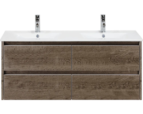 Skrinka pod umývadlo s dvojitým umývadlom a štyrmi zásuvkami vo vzhľade dreva