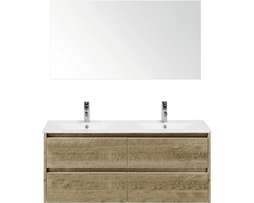 Kombinácia umývadla s dvoma umývadlami, spodnou skrinkou so štyrmi zásuvkami a zrkadlom