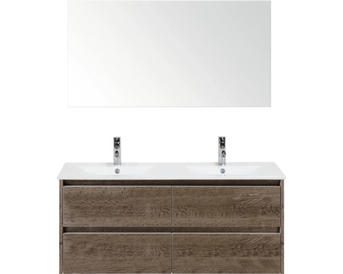 Skrinka pod umývadlo so zrkadlom, dvojité umývadlo, vzhľad dreva a zásuvky do kúpeľne