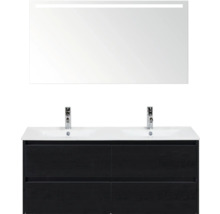 Umývadlo so skrinkou, dvojité umývadlo, batérie a osvetlené zrkadlo do kúpeľne.