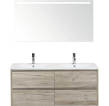 Dvojité umývadlo so zrkadlom a spodnou skrinkou v kúpeľni