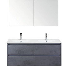 Skrinka pod umývadlo s dvoma umývadlami, spodnou skrinkou a zrkadlovou skrinkou