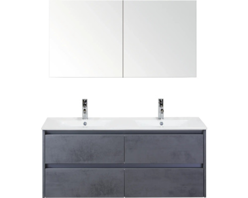 Skrinka pod umývadlo s dvoma umývadlami, spodnou skrinkou a zrkadlovou skrinkou