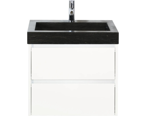 Kúpeľňová zostava Sanox Dante 61 cm biela Umyvadlová skrinka s dvomi zásuvkami, čierna umývadlová doska a armatúra