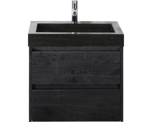 Kúpeľňová zostava Sanox Dante 61 cm dub čierny Skrinka pod umývadlo s dvoma zásuvkami a umývadlom na dosku a batériou