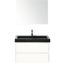 Zostava umývadla so zrkadlom, čiernou umývadlovou doskou, umývadlom na dosku a spodnou skrinkou