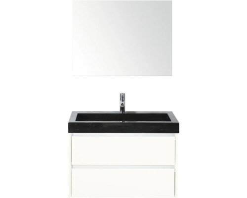Zostava umývadla so zrkadlom, čiernou umývadlovou doskou, umývadlom na dosku a spodnou skrinkou