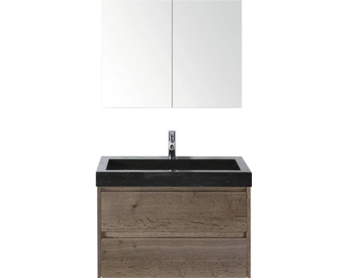 Kombinácia umývadla so zrkadlom, umývadlom a spodnou skrinkou z dreva