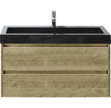 Skrinka pod umývadlo s dvomi zásuvkami, čiernou umývadlovou doskou a batériou