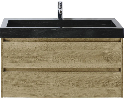 Skrinka pod umývadlo s dvomi zásuvkami, čiernou umývadlovou doskou a batériou