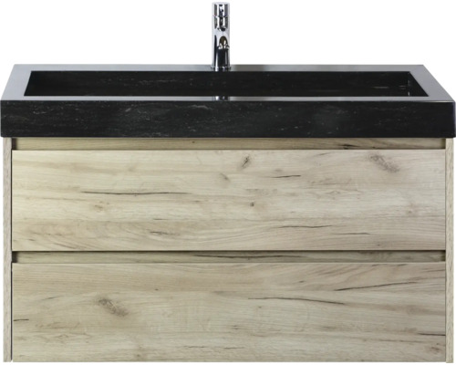 Skrinka pod umývadlo s dvoma zásuvkami a čiernym umývadlom