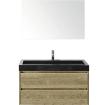 Umyvadlová zostava so zrkadlom, drevenou spodnou skrinkou a čiernym umývadlom