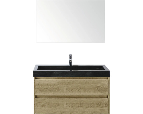 Umyvadlová zostava so zrkadlom, drevenou spodnou skrinkou a čiernym umývadlom