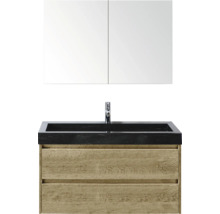 Kombinácia umývadla so zrkadlovou skriňkou, umývadlom, batériou a drevenou spodnou skrinkou