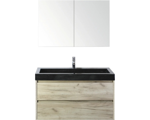 Kombinácia umývadla so zrkadlovou skrinkou, umývadlom, armatúrou a spodnou skrinkou do kúpeľne